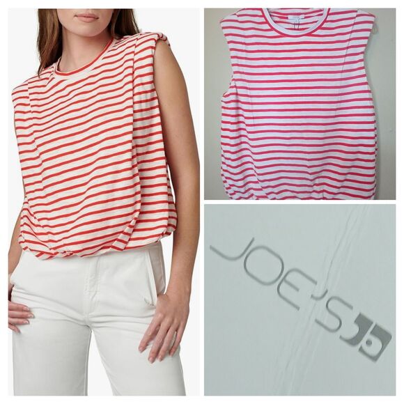 JOE'S Jeans Womens M Top Red Striped Sleeveless Bubble Hem Padded Shoulders $98 - Picture 1 of 16